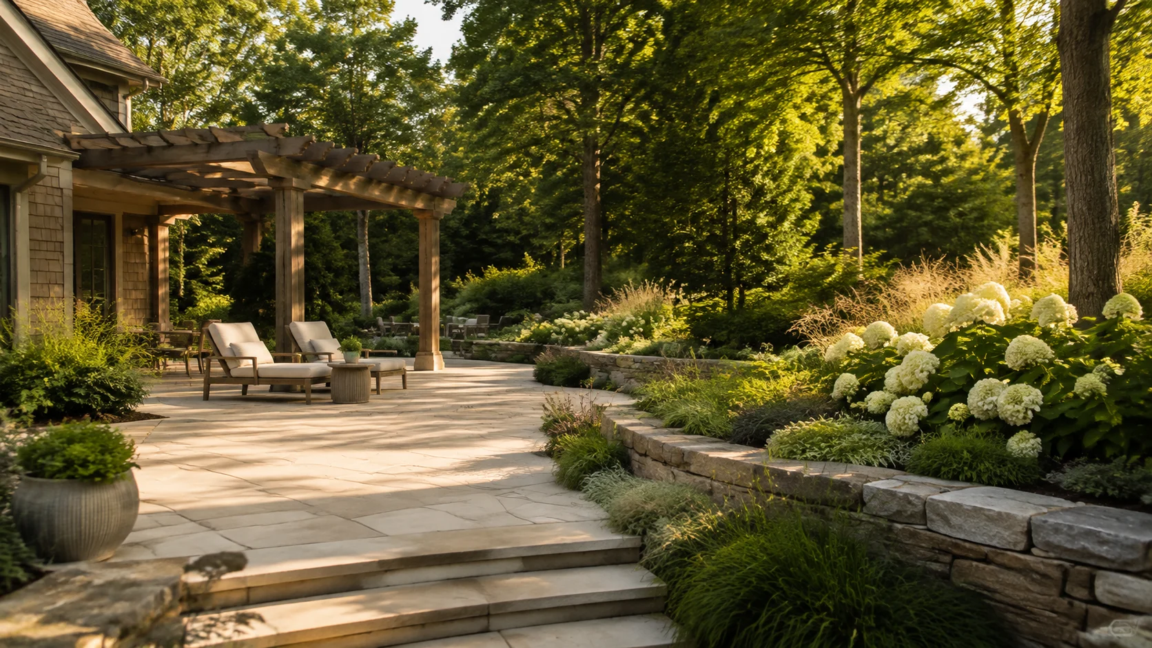 Sunlit limestone patio framed by native grasses, hydrangeas, and mature trees — generated landscape concept
