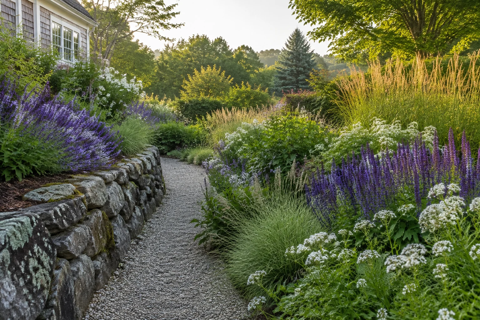 Gravel garden path winding through purple salvia and native perennial planting — generated landscape concept