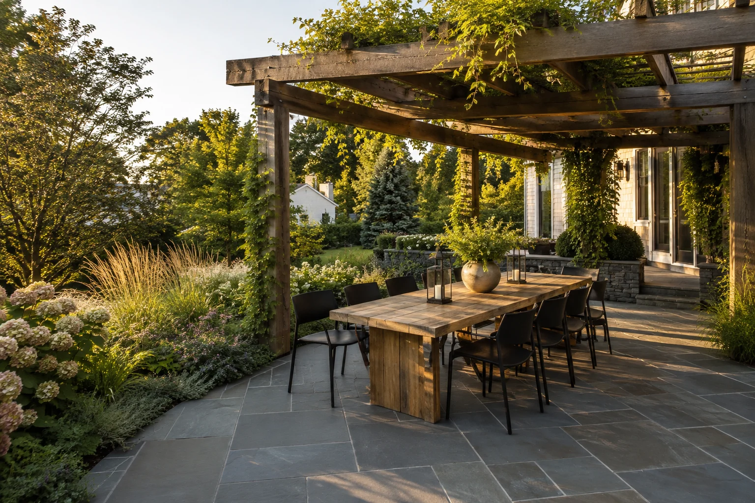 Cedar pergola shading an outdoor dining terrace with bluestone paving — generated landscape concept